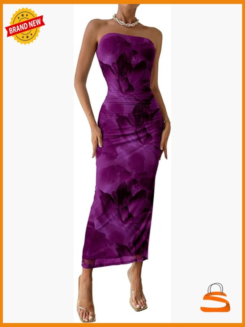 Strapless Tube Top Maxi Bodycon Dress with Slit Ruched Design